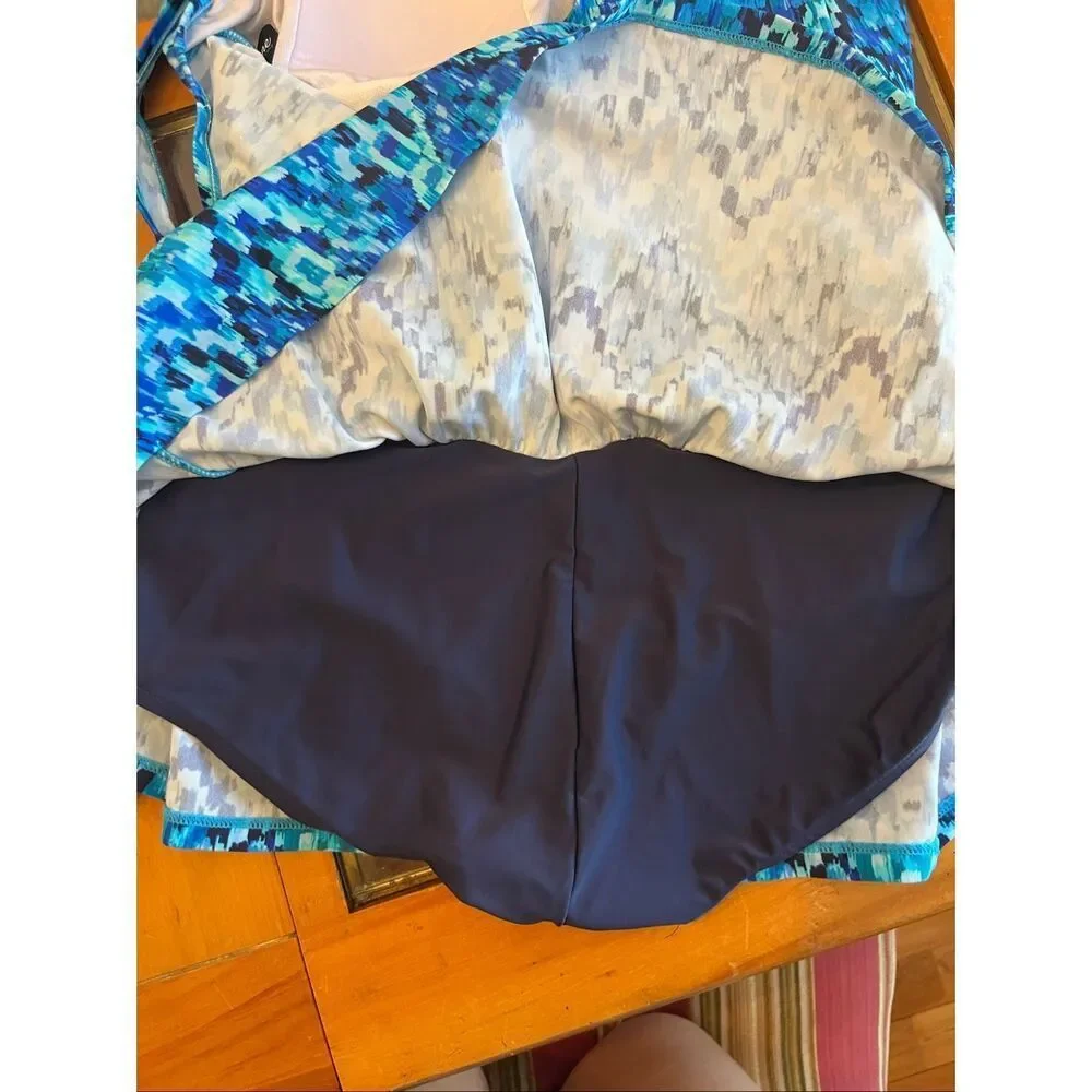 Maxine of Hollywood Women's Ikat Swim Dress One Piece Swimsuit Teal Blue Size 14